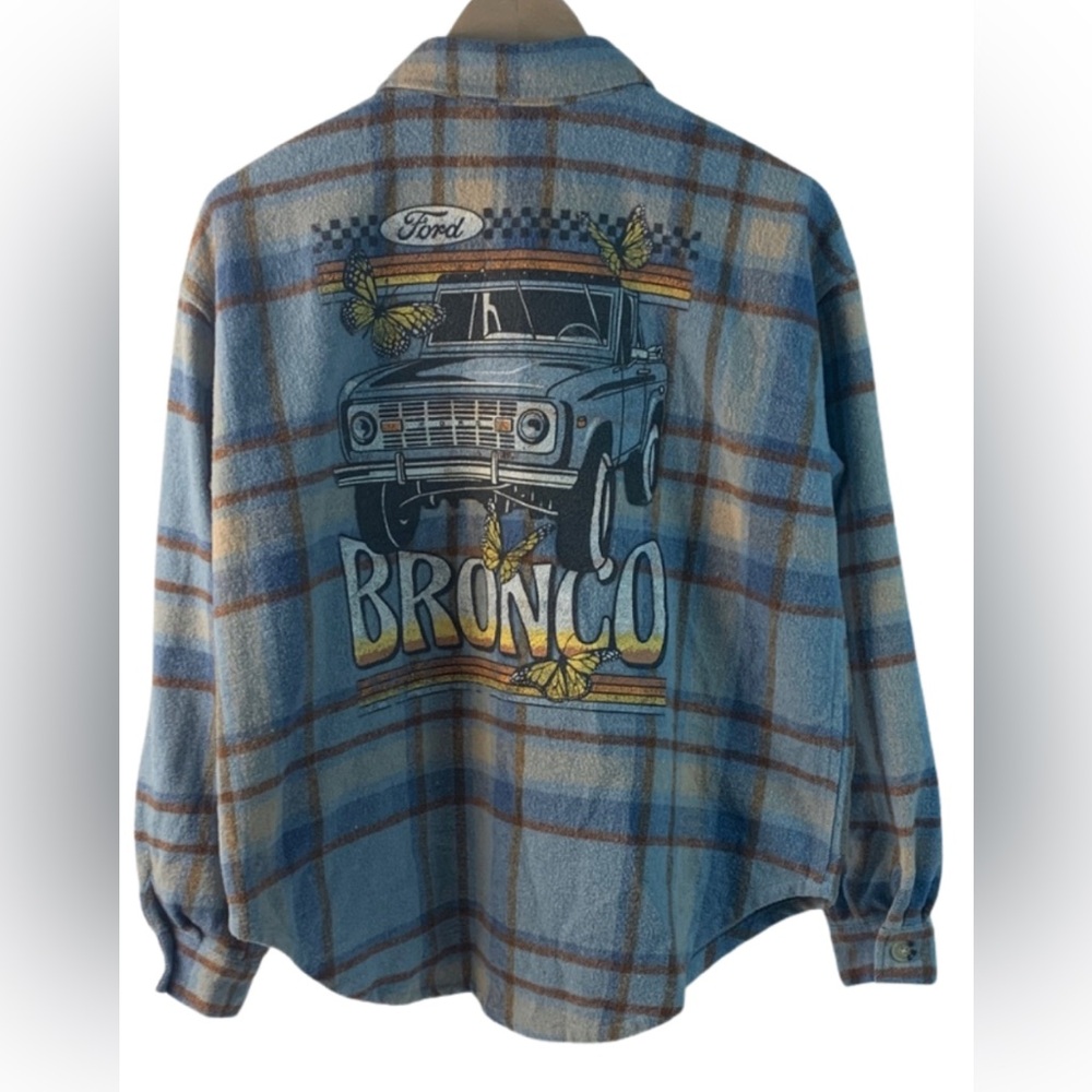 Flannel Ford Licensed Bronco Blue Brown Plaid Button Down Shirt Size S/M Grunge